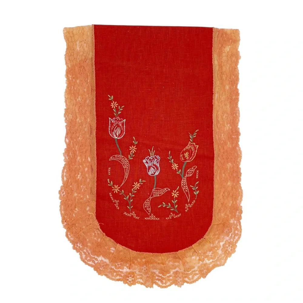 Vintage Hand Embroidered Flowers Lace Trim Table Runner Orange Retro Cottagecore